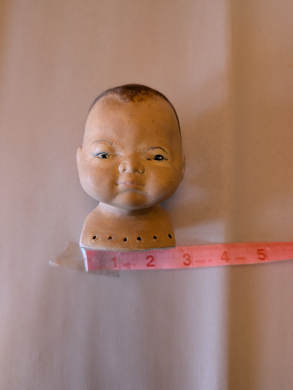 Vintage Handmade Bisque Ceramic Doll Head in Flesh Tone Decor Accent Whimsy